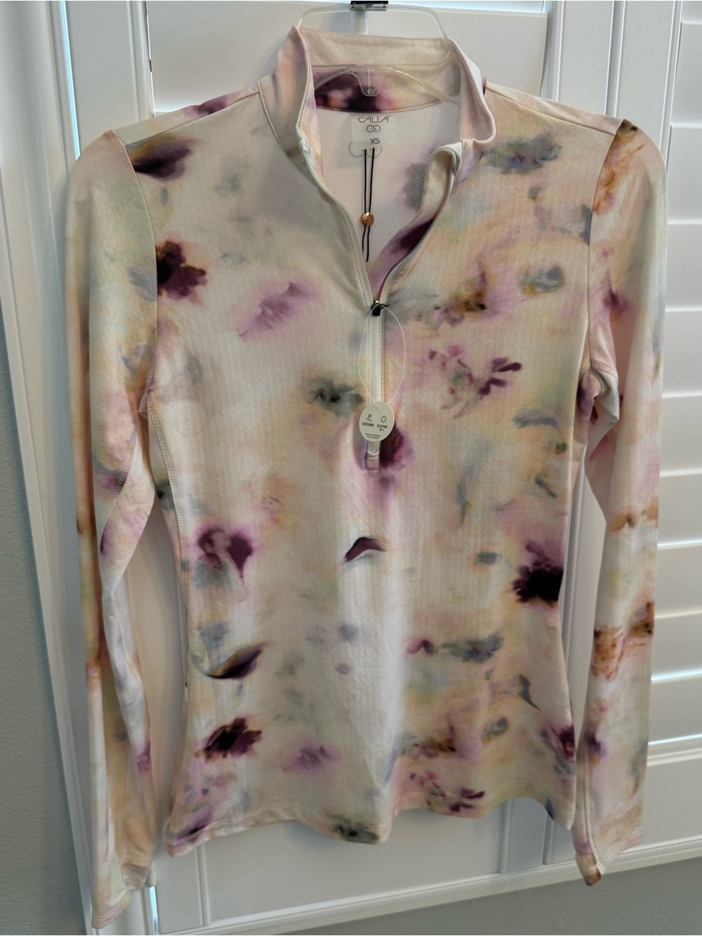 Calia womens XS ivory watercolor floral 1/4 zip pullover athletic top UV cooling